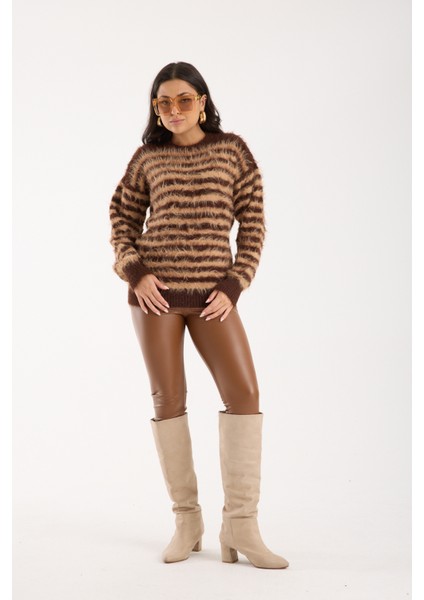 Kadın Kahve-Bej Sakal Iplik Çizgili Bisiklet Yaka Triko Kazak