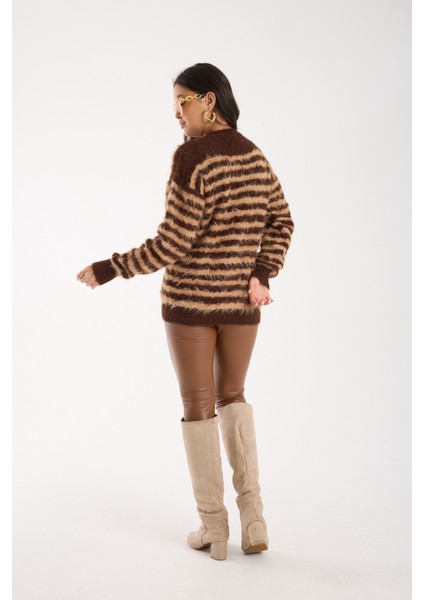 Kadın Kahve-Bej Sakal Iplik Çizgili Bisiklet Yaka Triko Kazak