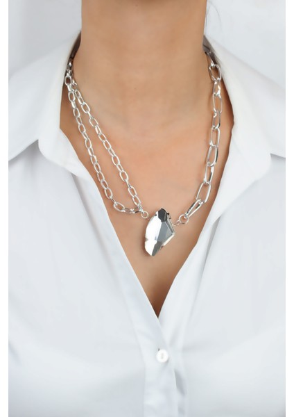 Gümüş Renk Zincir Kristal Taşlı Kolye