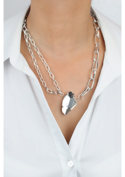 Gümüş Renk Zincir Kristal Taşlı Kolye fiyatları