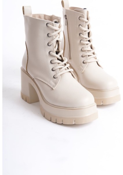 Lauren Bağcıklı Fermuarlı Ortopedik Taban Suya ve Soğuğa Dayanıklı Topuklu Cilt Kadın Bot Kt Krem