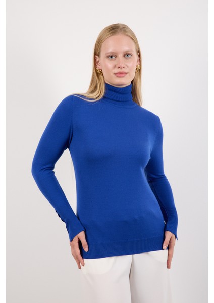 Kadın Saks Mavisi Çıtçıtlı Kollu Balıkçı Yaka Triko Bluz