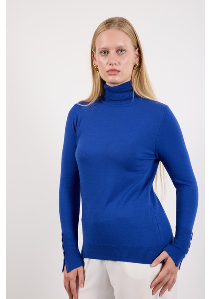 Kadın Saks Mavisi Çıtçıtlı Kollu Balıkçı Yaka Triko Bluz fiyatları