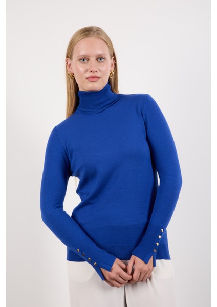 Kadın Saks Mavisi Çıtçıtlı Kollu Balıkçı Yaka Triko Bluz modelleri