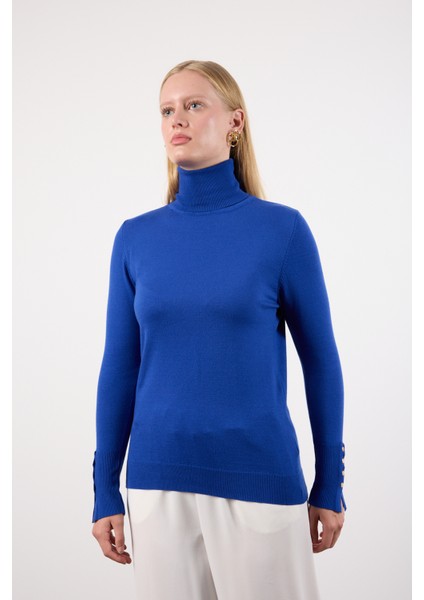 Kadın Saks Mavisi Çıtçıtlı Kollu Balıkçı Yaka Triko Bluz fırsatları