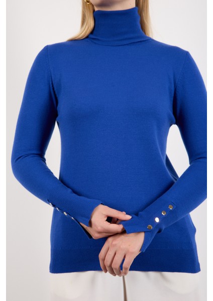 Kadın Saks Mavisi Çıtçıtlı Kollu Balıkçı Yaka Triko Bluz