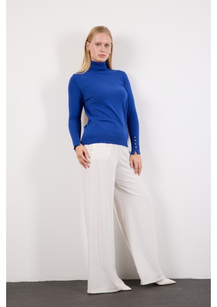 Kadın Saks Mavisi Çıtçıtlı Kollu Balıkçı Yaka Triko Bluz