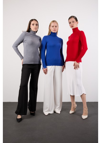 Kadın Saks Mavisi Çıtçıtlı Kollu Balıkçı Yaka Triko Bluz