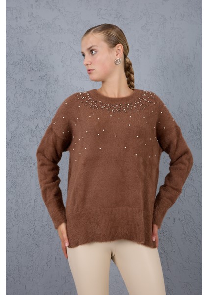 Kadın Kahve Sakal Iplik Yan Yırtmaçlı Inci Detaylı Bisiklet Yaka Triko Kazak fiyatları