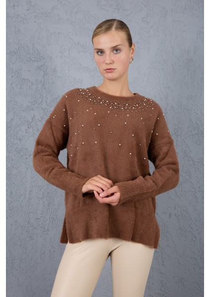 Kadın Kahve Sakal Iplik Yan Yırtmaçlı Inci Detaylı Bisiklet Yaka Triko Kazak modelleri