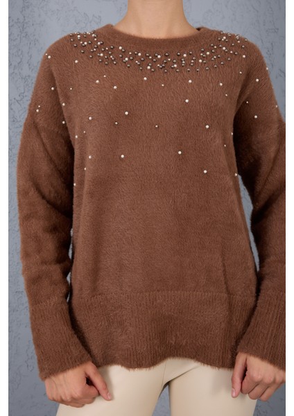 Kadın Kahve Sakal Iplik Yan Yırtmaçlı Inci Detaylı Bisiklet Yaka Triko Kazak indirimleri