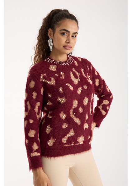 Kadın Bordo Sakal Iplik Taş ve Inci Detaylı Bisiklet Yaka Triko Kazak fiyatları