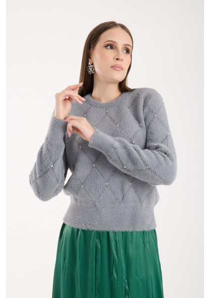 Kadın Gri Sakal Iplik Taş Detaylı Bisiklet Yaka Triko Kazak fiyatları