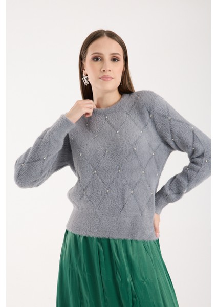 Kadın Gri Sakal Iplik Taş Detaylı Bisiklet Yaka Triko Kazak modelleri