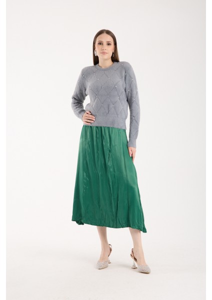 Kadın Gri Sakal Iplik Taş Detaylı Bisiklet Yaka Triko Kazak