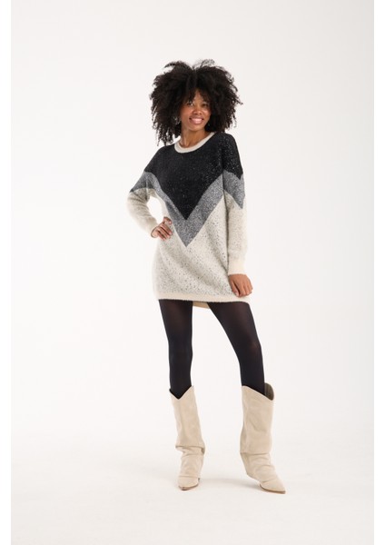 Kadın Ekru Simli Sakal Iplik Renk Bloklu Bisiklet Yaka Triko Kazak