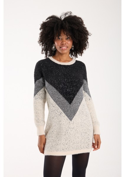 Kadın Ekru Simli Sakal Iplik Renk Bloklu Bisiklet Yaka Triko Kazak fiyatları