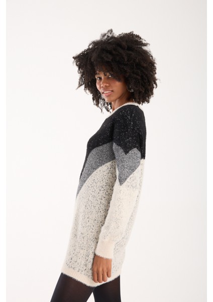 Kadın Ekru Simli Sakal Iplik Renk Bloklu Bisiklet Yaka Triko Kazak modelleri