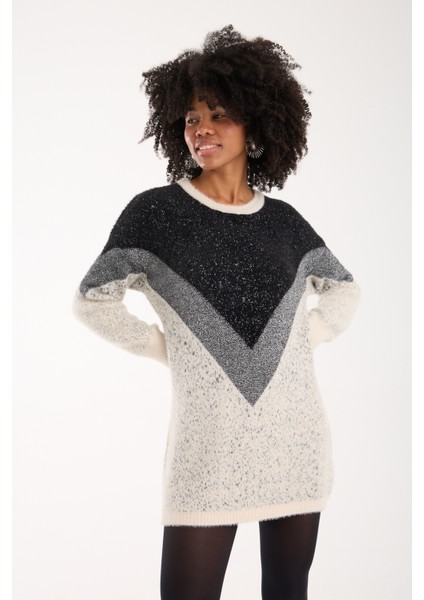 Kadın Ekru Simli Sakal Iplik Renk Bloklu Bisiklet Yaka Triko Kazak fırsatları