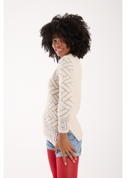 Kadın Ekru Simli Sakal Iplik Yan Yırtmaçlı Bisiklet Yaka Triko Kazak fiyatları