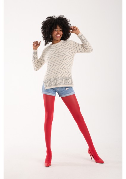 Kadın Ekru Simli Sakal Iplik Yan Yırtmaçlı Bisiklet Yaka Triko Kazak