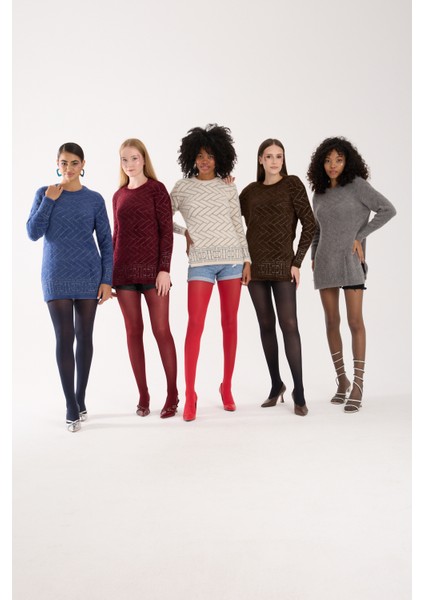 Kadın Ekru Simli Sakal Iplik Yan Yırtmaçlı Bisiklet Yaka Triko Kazak