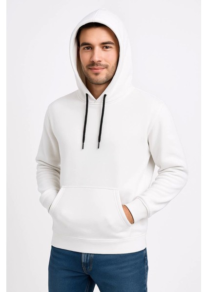 Erkek Üç Iplik Kapüşonlu Kanguru Cepli Sweatshirt Hoodie - Beyaz fırsatları