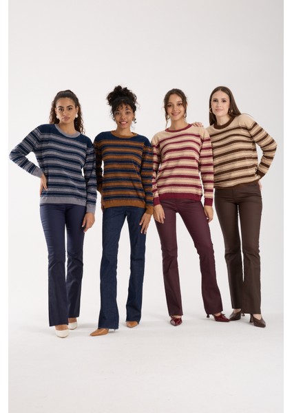 Kadın Laci-Gri Çizgili Çapraz Kontrast Dikiş Detaylı Şönil Kadife Triko Bluz