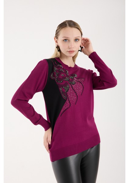 Kadın Mürdüm Elit Viskon Kumaş Taş Detaylı Bisiklet Yaka Triko Bluz