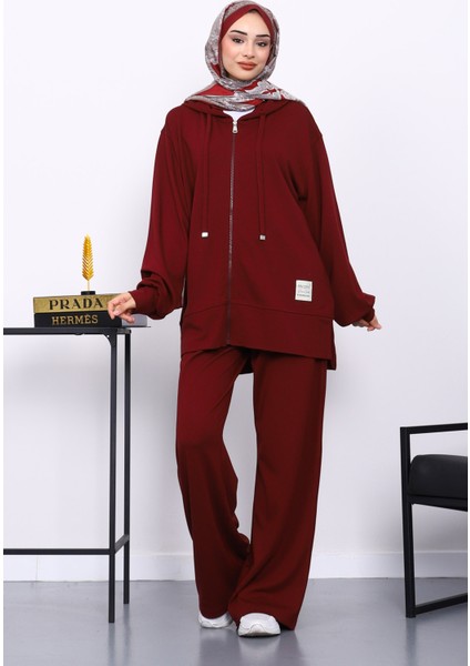 Bordo Fermuarlı Tunik Pantolonlu Takım