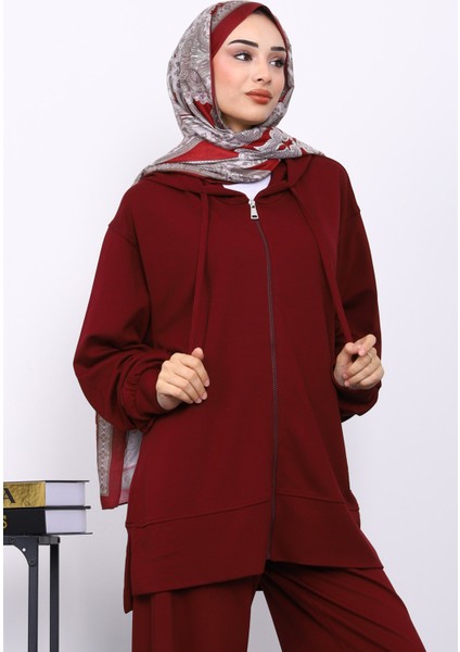 Bordo Fermuarlı Tunik Pantolonlu Takım modelleri