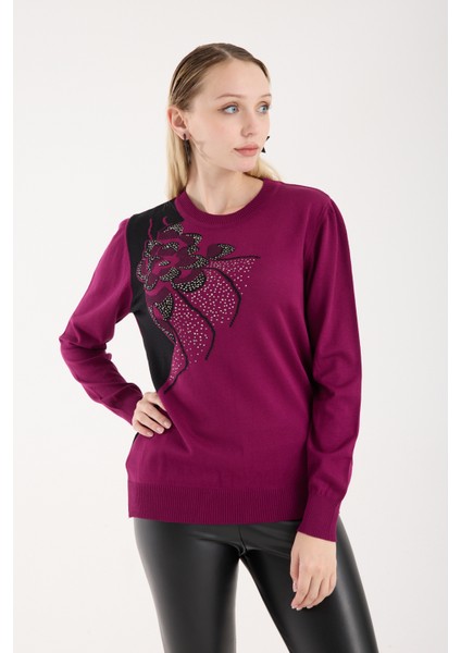 Kadın Mürdüm Elit Viskon Kumaş Taş Detaylı Bisiklet Yaka Triko Bluz modelleri