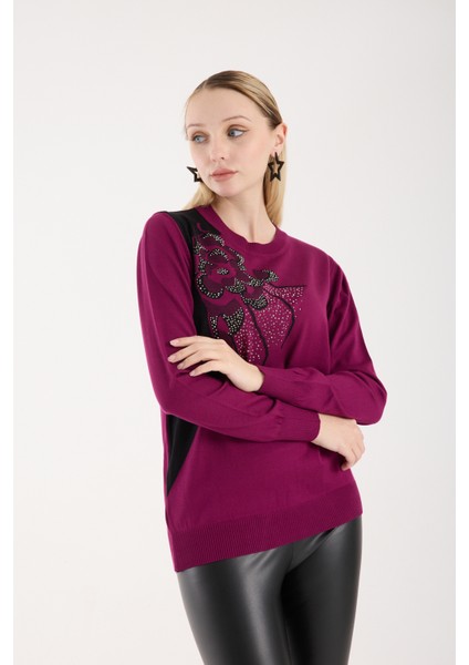 Kadın Mürdüm Elit Viskon Kumaş Taş Detaylı Bisiklet Yaka Triko Bluz fırsatları