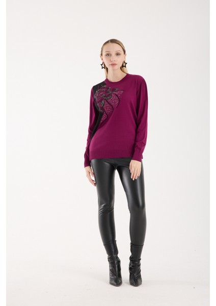 Kadın Mürdüm Elit Viskon Kumaş Taş Detaylı Bisiklet Yaka Triko Bluz