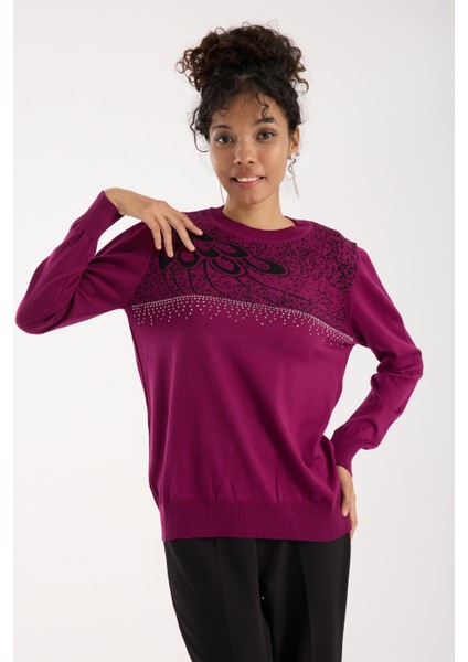 Kadın Mürdüm Elit Viskon Kumaş Taş Detaylı Bisiklet Yaka Triko Bluz