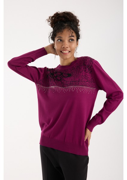 Kadın Mürdüm Elit Viskon Kumaş Taş Detaylı Bisiklet Yaka Triko Bluz fiyatları