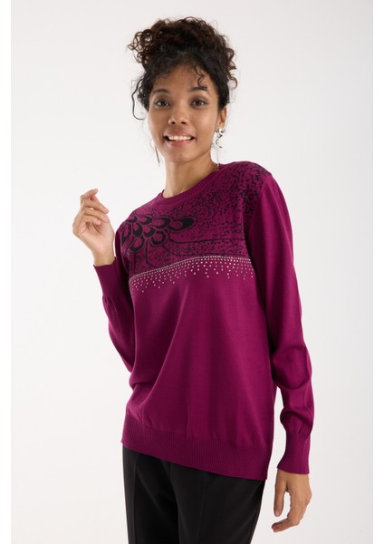 Kadın Mürdüm Elit Viskon Kumaş Taş Detaylı Bisiklet Yaka Triko Bluz modelleri