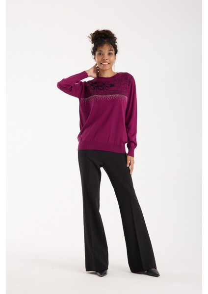 Kadın Mürdüm Elit Viskon Kumaş Taş Detaylı Bisiklet Yaka Triko Bluz