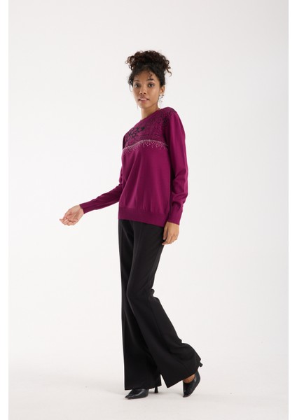 Kadın Mürdüm Elit Viskon Kumaş Taş Detaylı Bisiklet Yaka Triko Bluz