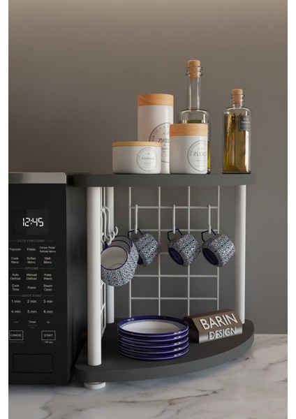 Metal Telli Kahve Köşesi Çevirtak Çok Amaçlı Mutfak Standı Tezgah Üstü Düzenleyici Çift Katlı Askılı