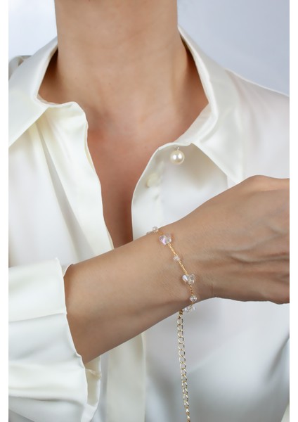 Kristal Taşlı Gold Ince Zincir Bileklik