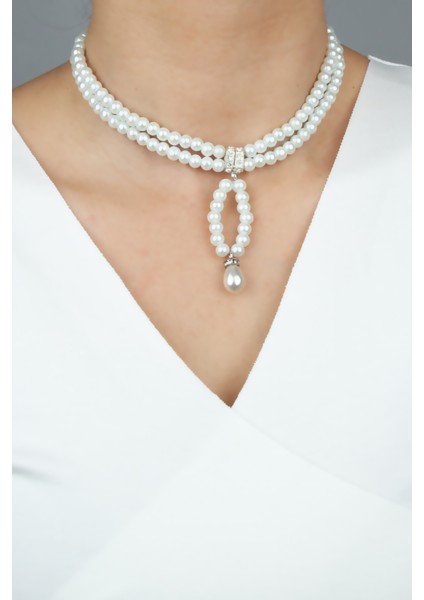 Çift Sıralı Zirkon Taşlı Cam Inci Kolye