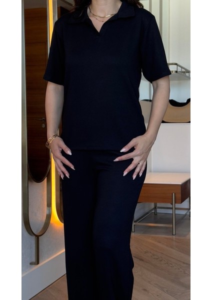 Kadın Kısa Kollu Yakalı Viskon Iki Iplik Bluz ve Pantolon Ikili Takım indirimleri