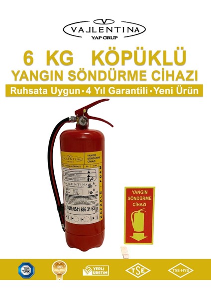 6 kg Köpüklü Yangın Söndürme Cihazı Ruhsata Uygun(Levha-Askı Aparatlı)