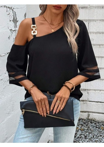 Kadın Askılı Asimetrik Kesim Kol ve Yaka Kolda Tül ve Aksesuar Detaylı Janjan Krep Bluz modelleri