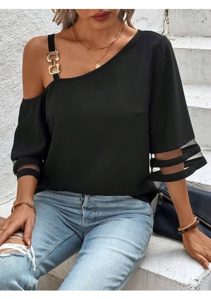 Kadın Askılı Asimetrik Kesim Kol ve Yaka Kolda Tül ve Aksesuar Detaylı Janjan Krep Bluz indirimleri