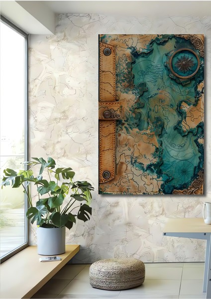 Ahşap Dekoratif Tablo Gızemlı Deniz Haritası Yağlı Boya Görünümlü Dikdörtgen Tablo