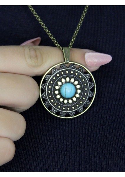 Doğal Taş Firuze Doğal Taşlı Yuvarlak Model Antik Kadın Kolye EUK46F