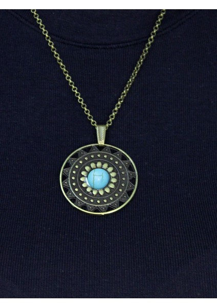 Doğal Taş Firuze Doğal Taşlı Yuvarlak Model Antik Kadın Kolye EUK46F fiyatları