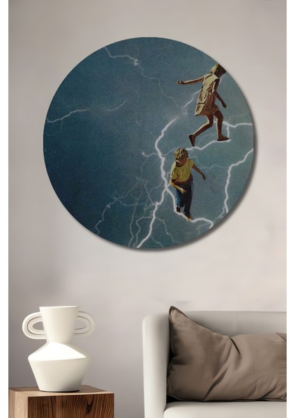 Çocuklar ve Şimşekler Yağlı Boya Görünümlü Dekoratif Ahşap Tablo Yuvarlak Tablo